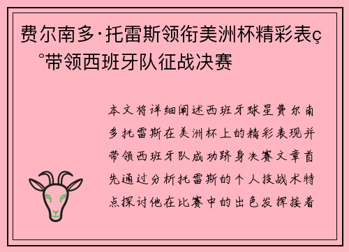 费尔南多·托雷斯领衔美洲杯精彩表现带领西班牙队征战决赛